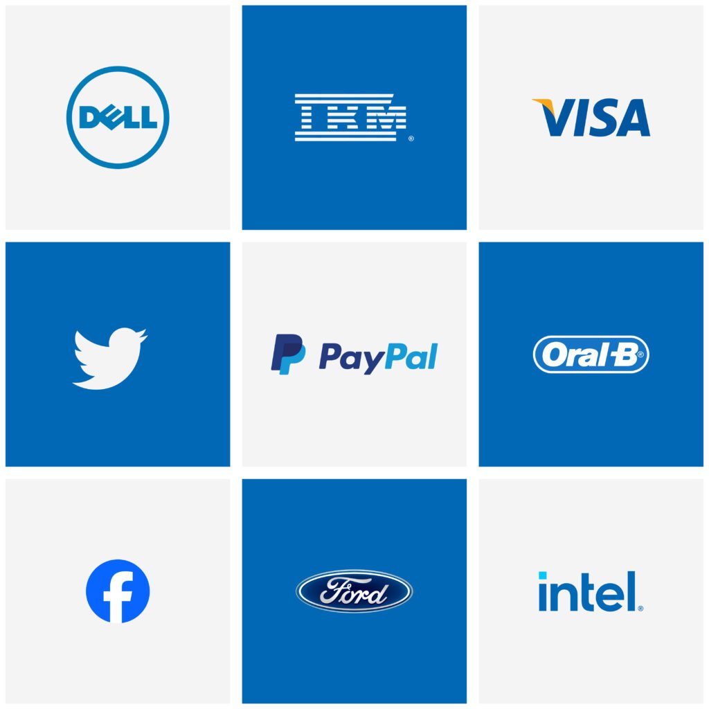 A 3x3 grid of famous brand logos in blue theme.