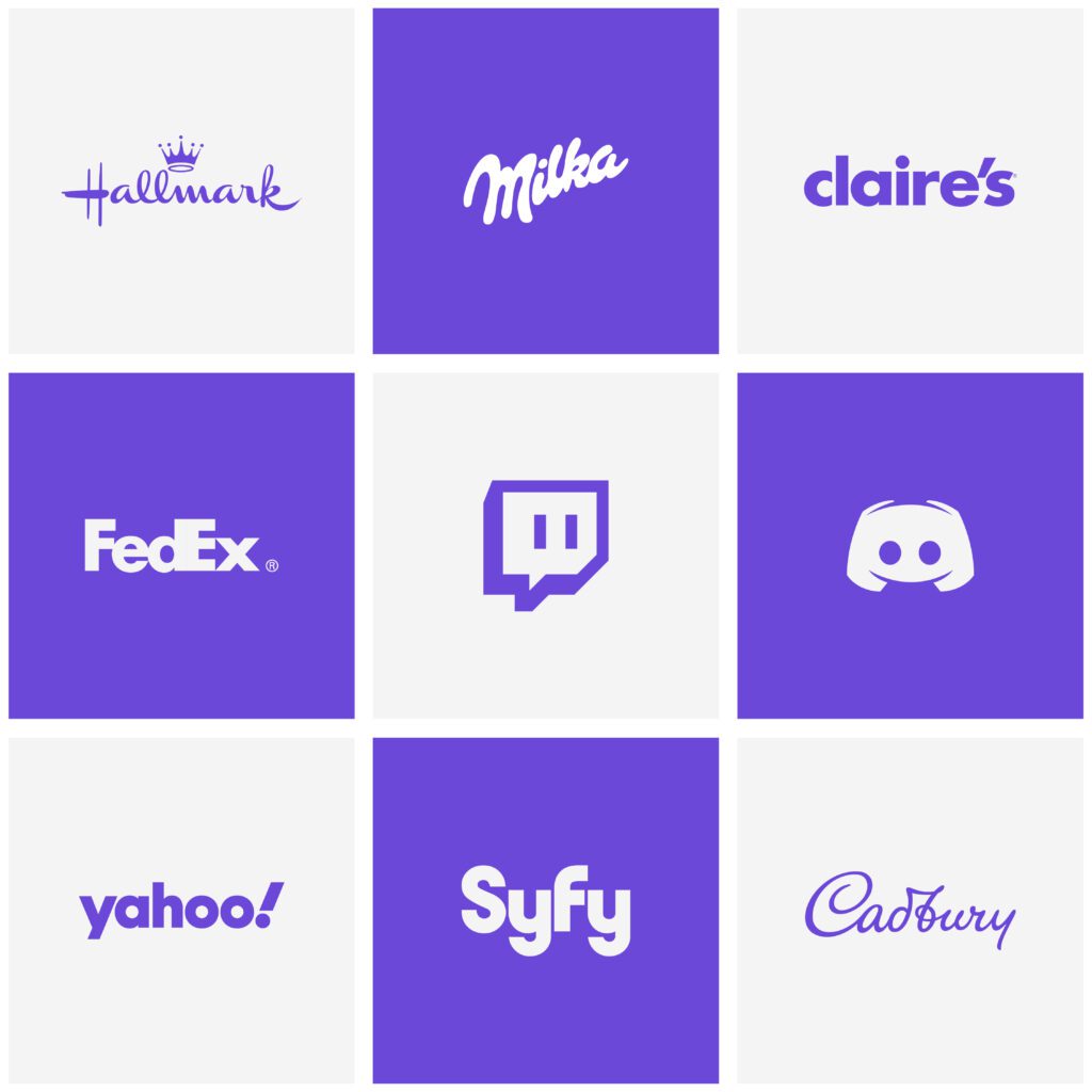 A 3x3 grid of famous brand logos in purple theme, including Hallmark, Milka, Claire’s, FedEx, Twitch, Discord, Yahoo!, Syfy, and Cadbury.