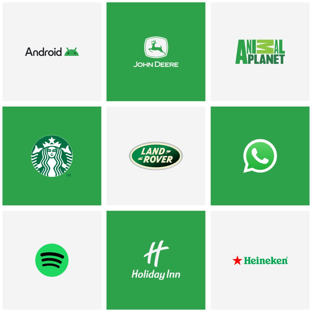 A 3x3 grid of famous brand logos in green theme