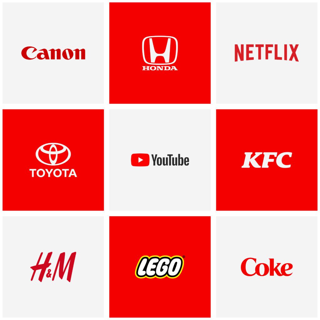 A 3x3 grid of famous brand logos in Red theme,